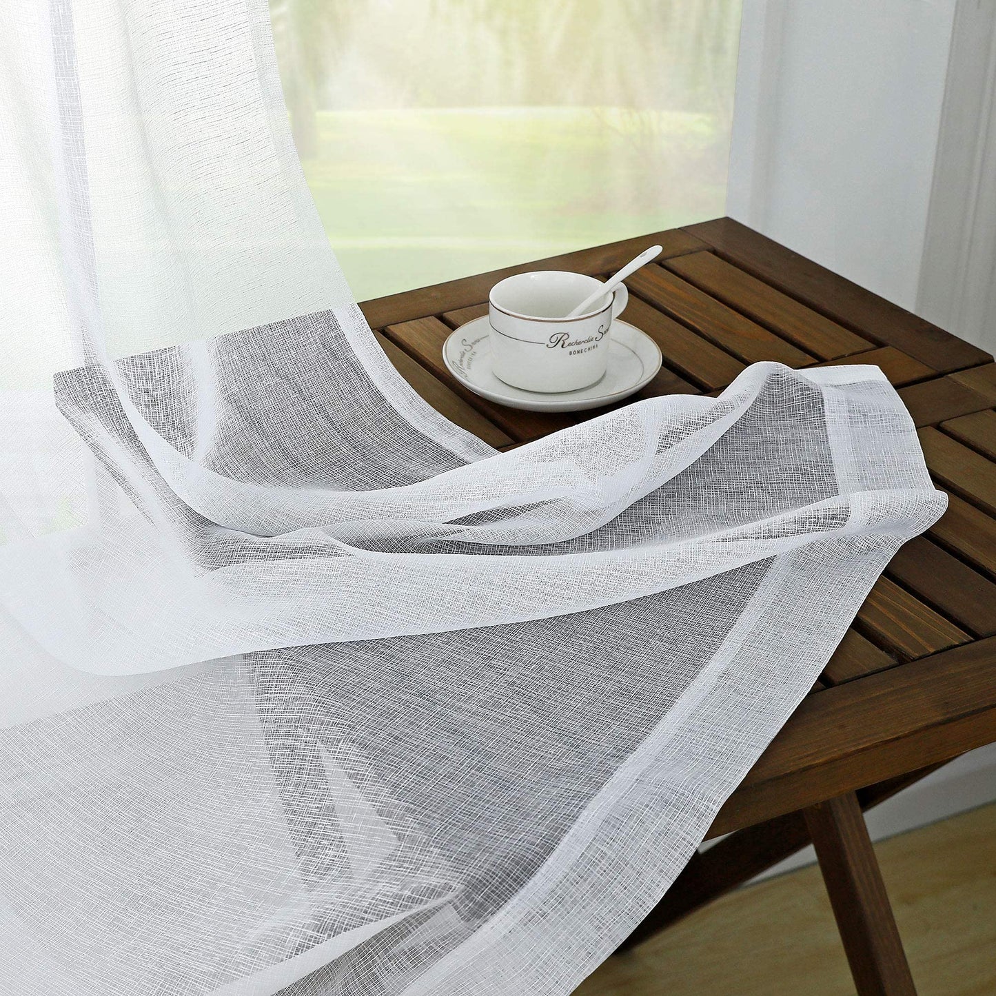 KOUFALL White Sheer Curtains 96 Inches Long 2 Panel Set Drapery Faux Linen Rod Pocket Shabby Chic Curtains for Bedroom Living Room 96 Inch Length